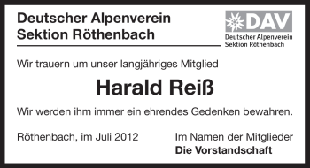 Traueranzeige von Harald Reiß von Pegnitz-Zeitung